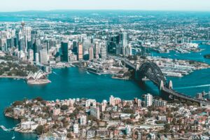 Top view of Sydney Australia, opera house, Sydney harbour bridge, city of Sydney